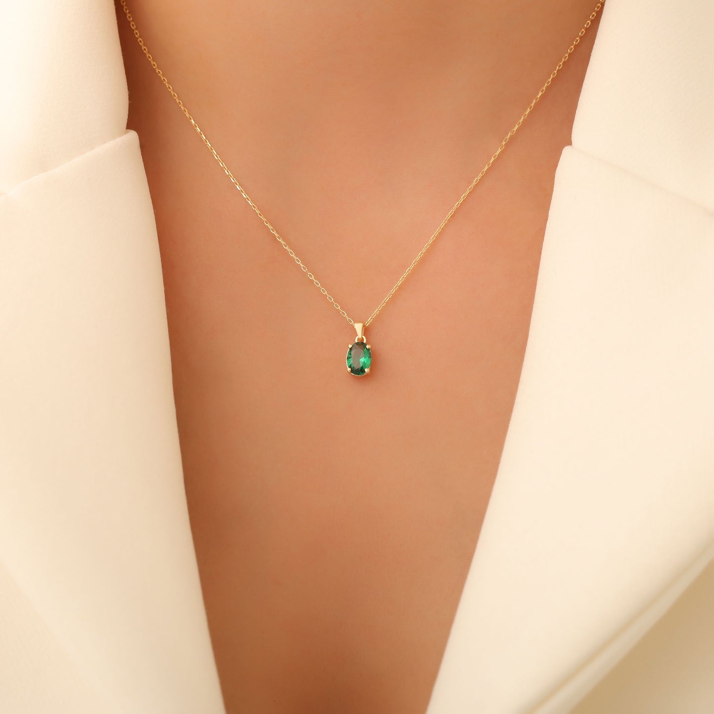 Emerald Oval Necklace in 14K Solid Gold | May Birthstone Pendant Queen Jewelry Necklace