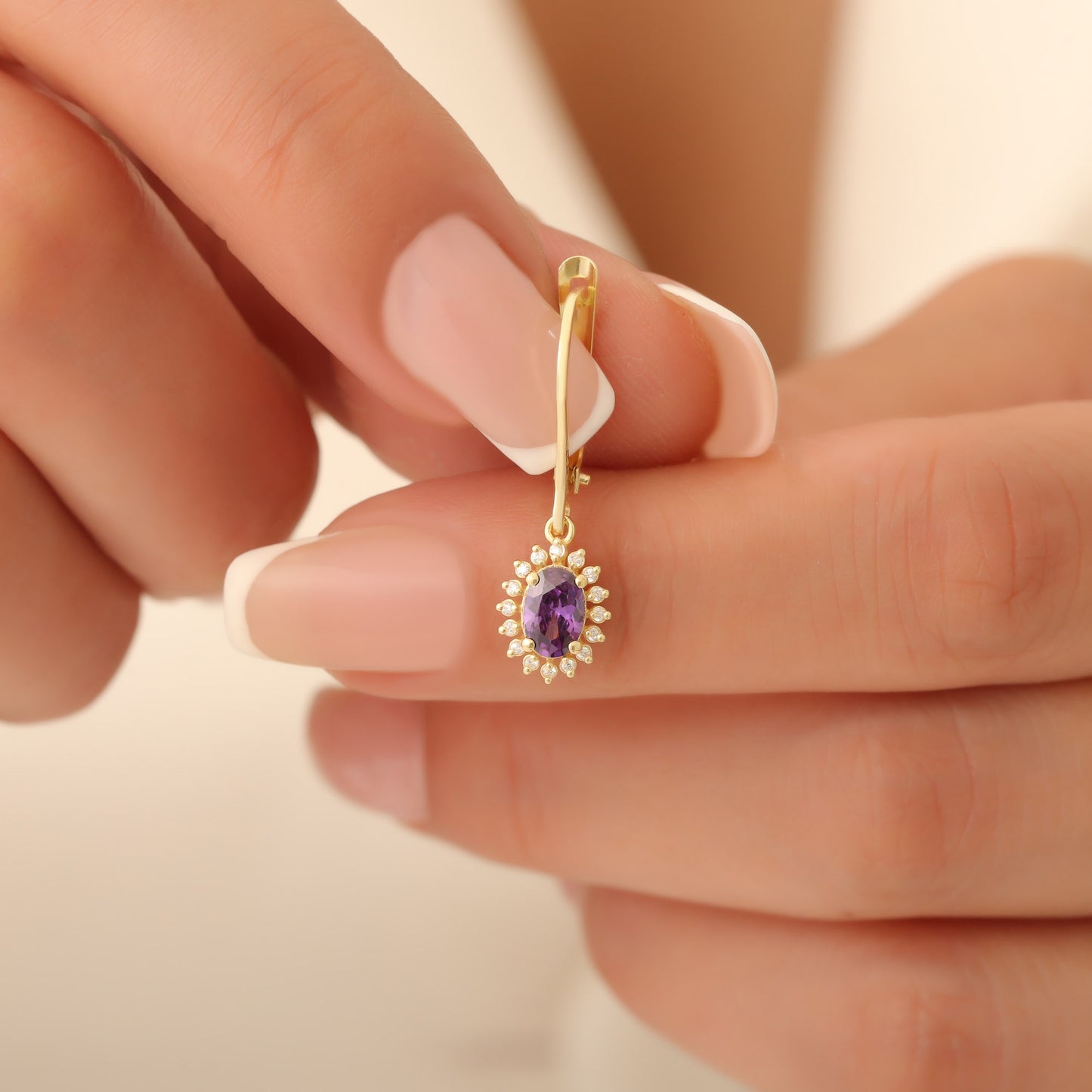 Oval Cut Amethyst Dangling Earring Surrounded by Real Diamonds, 8K/10K/14K Solid Gold, February Birthstone