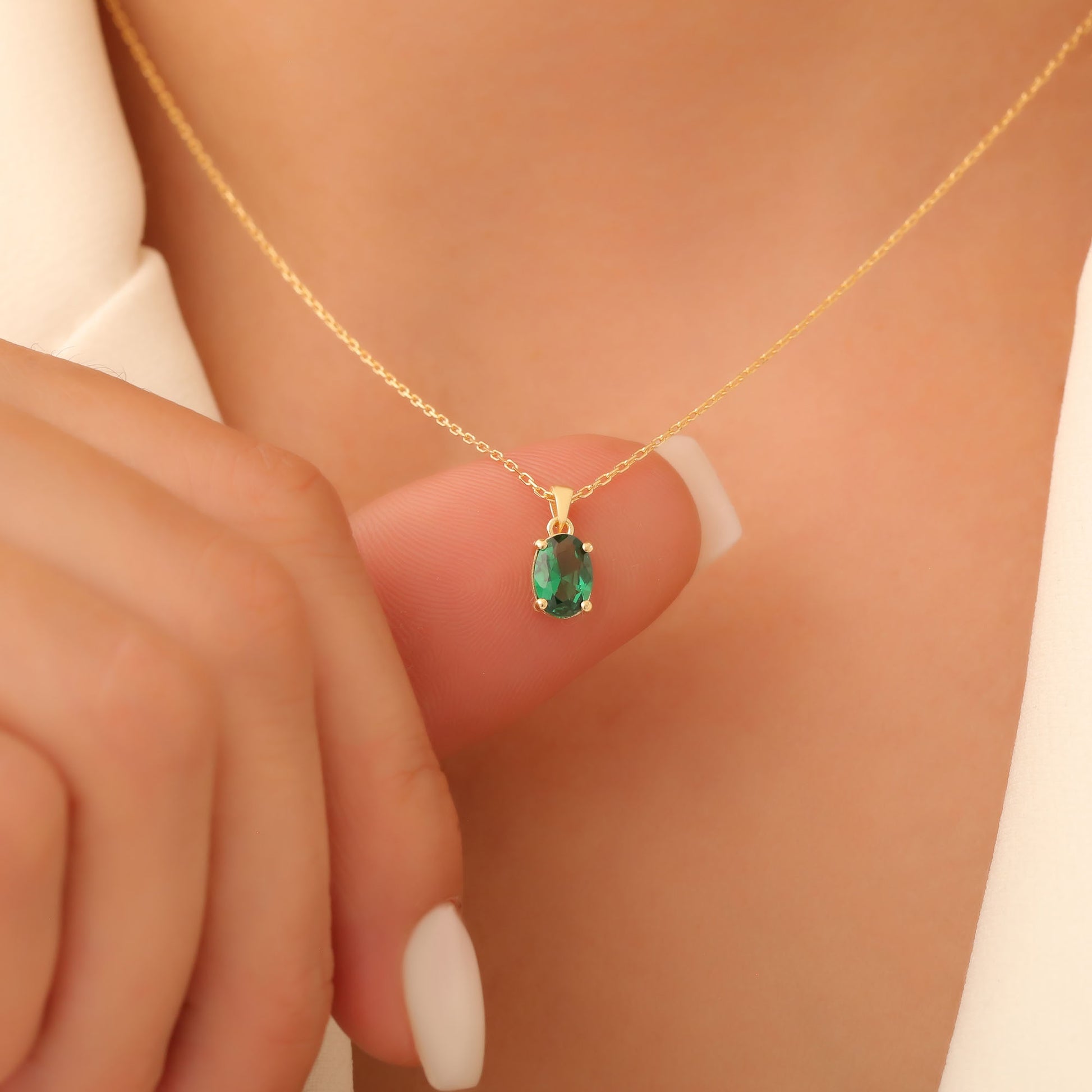 Emerald Oval Necklace in 14K Solid Gold | May Birthstone Pendant Queen Jewelry Necklace