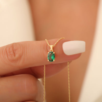 Emerald Oval Necklace in 14K Solid Gold | May Birthstone Pendant Queen Jewelry Necklace