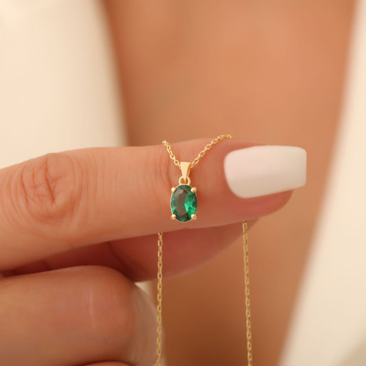 Emerald Oval Necklace in 14K Solid Gold | May Birthstone Pendant Queen Jewelry Necklace