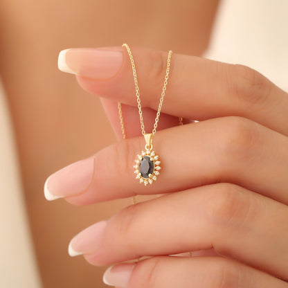 Oval Cut Smoky Quartz Necklace with Real Diamonds, 10K/14K Solid Gold Pendant