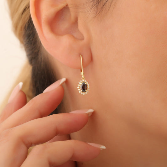 Oval Cut Smoky Quartz Dangling Earring Surrounded by Real Diamonds, 8K/10K/14K Solid Gold