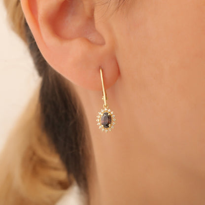 Oval Cut Smoky Quartz Dangling Earring Surrounded by Real Diamonds, 8K/10K/14K Solid Gold