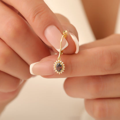 Oval Cut Smoky Quartz Dangling Earring Surrounded by Real Diamonds, 8K/10K/14K Solid Gold