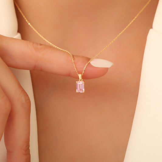 Rectangle Pink Tourmaline Necklace in 14K Solid Gold, October Birthstone Pendant Queen Jewelry Necklace