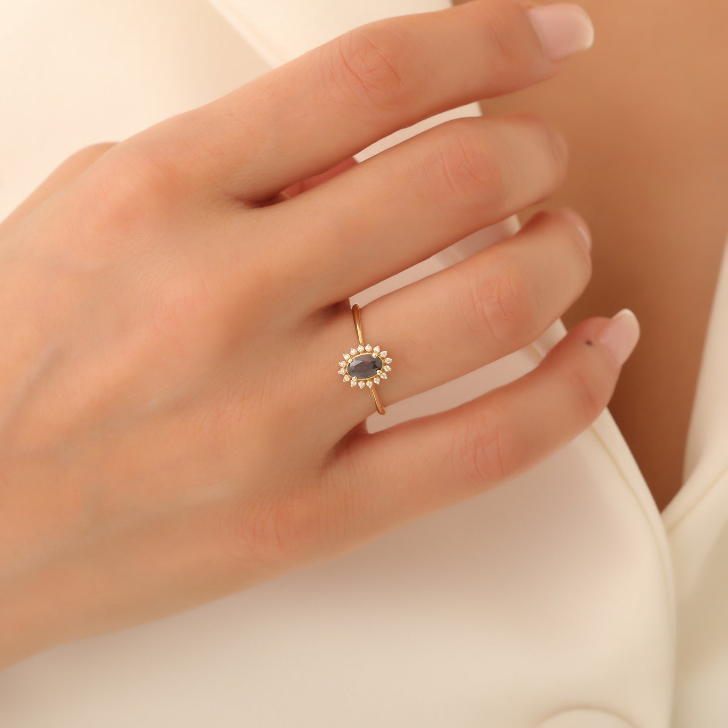 Smoky Quartz Oval Ring 8K/10K/14K Solid Gold Surrounded by Real Diamonds