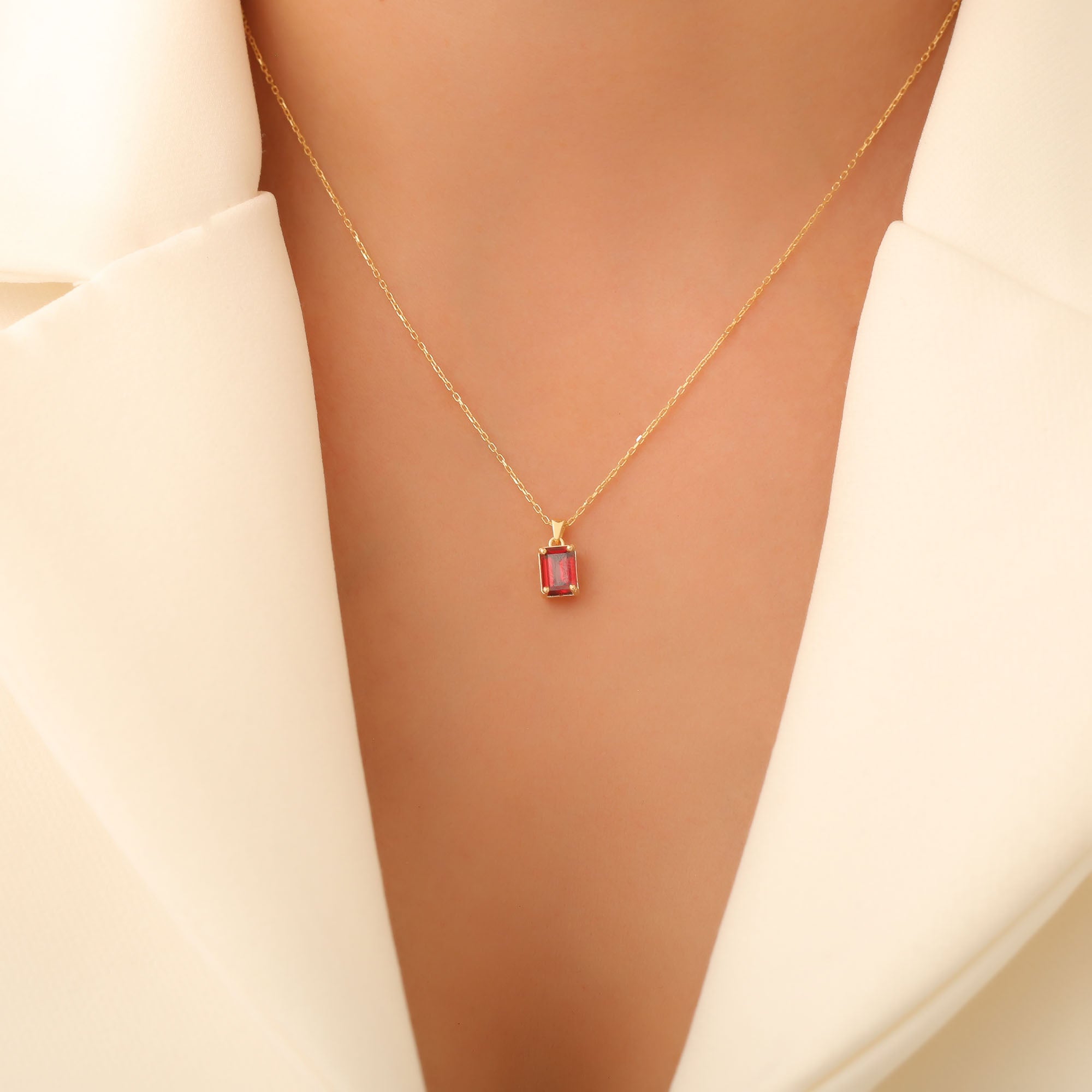 Rectangle Garnet Necklace in 14K Solid Gold, January Birthstone Pendant Queen Jewelry Necklace