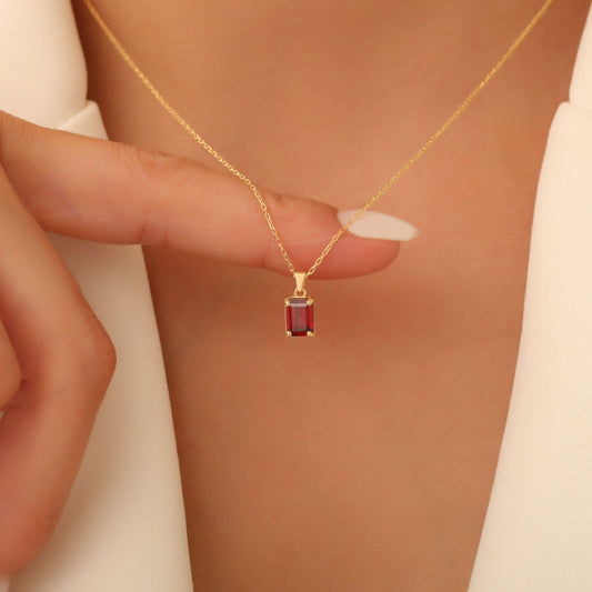 Rectangle Garnet Necklace in 14K Solid Gold, January Birthstone Pendant Queen Jewelry Necklace