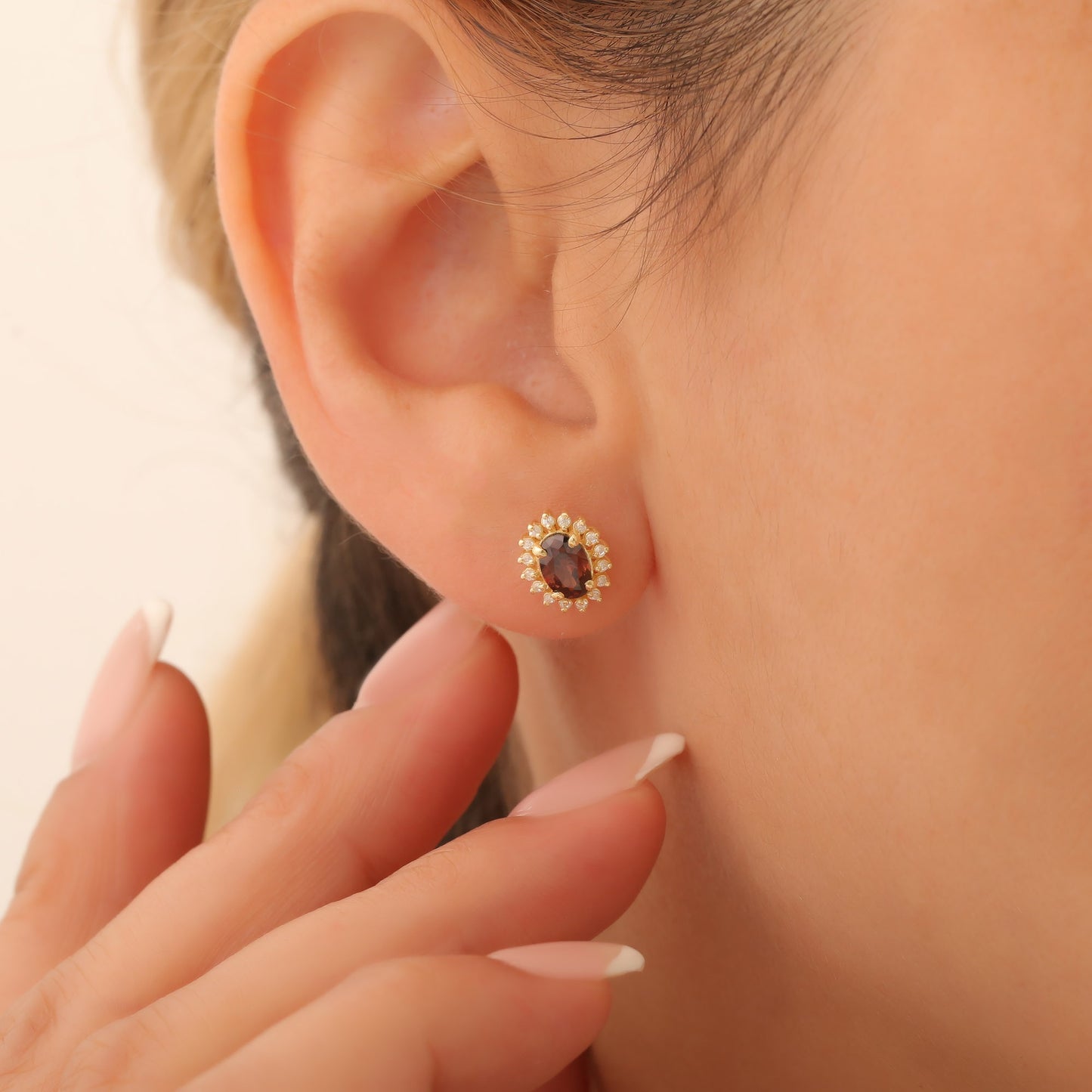 Oval Cut Smoky Quartz Stud Earring Surrounded by Real Diamonds, 10K/14K Solid Gold