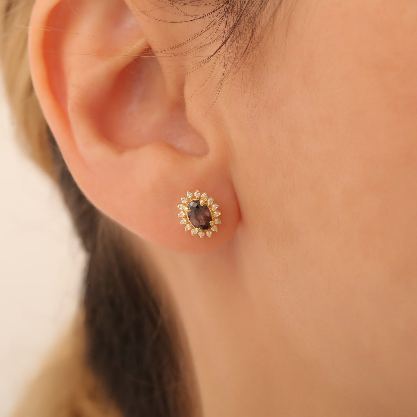Oval Cut Smoky Quartz Stud Earring Surrounded by Real Diamonds, 10K/14K Solid Gold