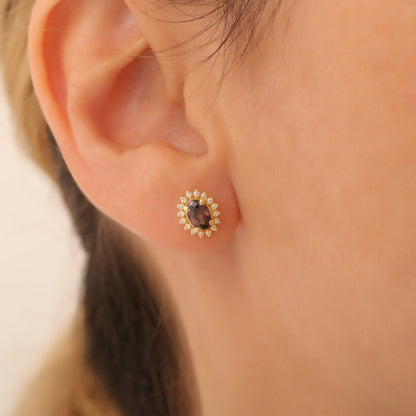 Oval Cut Smoky Quartz Stud Earring Surrounded by Real Diamonds, 10K/14K Solid Gold