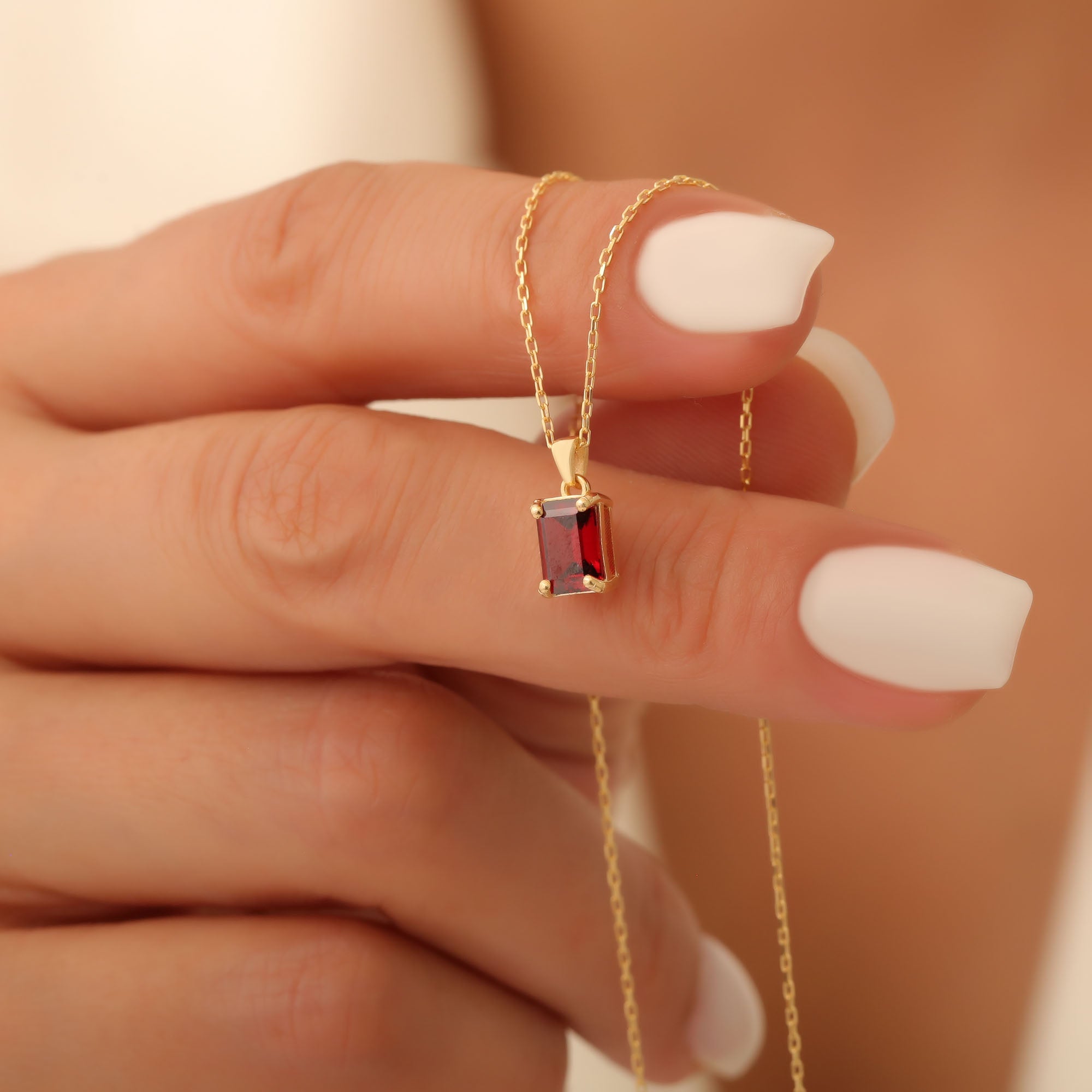 Rectangle Garnet Necklace in 14K Solid Gold, January Birthstone Pendant Queen Jewelry Necklace