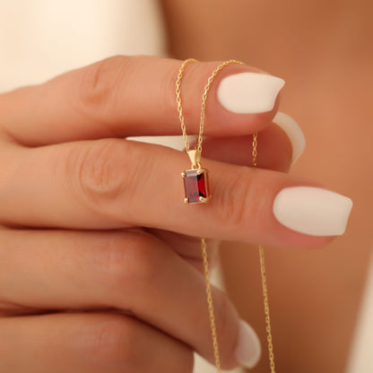 Rectangle Garnet Necklace in 14K Solid Gold, January Birthstone Pendant Queen Jewelry Necklace