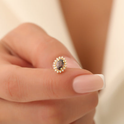 Oval Cut Smoky Quartz Stud Earring Surrounded by Real Diamonds, 10K/14K Solid Gold