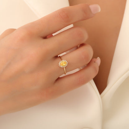 Yellow Topaz Oval Ring 8K/10K/14K Solid Gold Surrounded by Real Diamonds