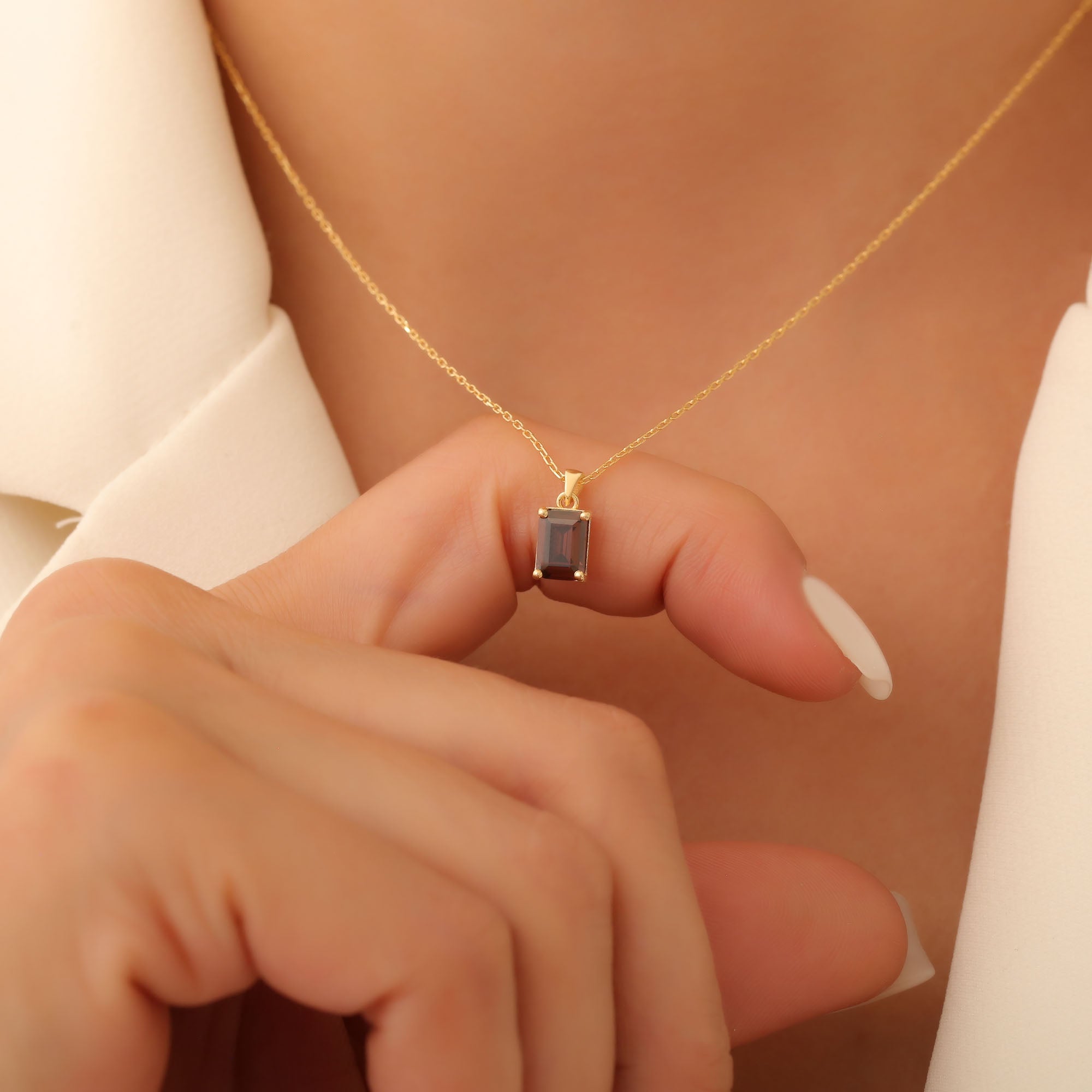Rectangle Smoky Quartz Necklace in 14K Solid Gold, Birthstone Pendant Queen Jewelry Necklace