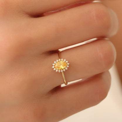 Yellow Topaz Oval Ring 8K/10K/14K Solid Gold Surrounded by Real Diamonds