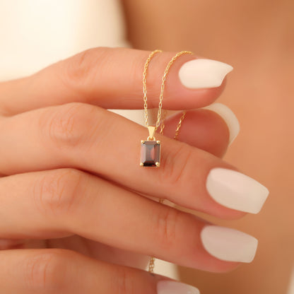 Rectangle Smoky Quartz Necklace in 14K Solid Gold, Birthstone Pendant Queen Jewelry Necklace