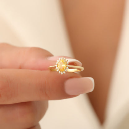 Yellow Topaz Oval Ring 8K/10K/14K Solid Gold Surrounded by Real Diamonds