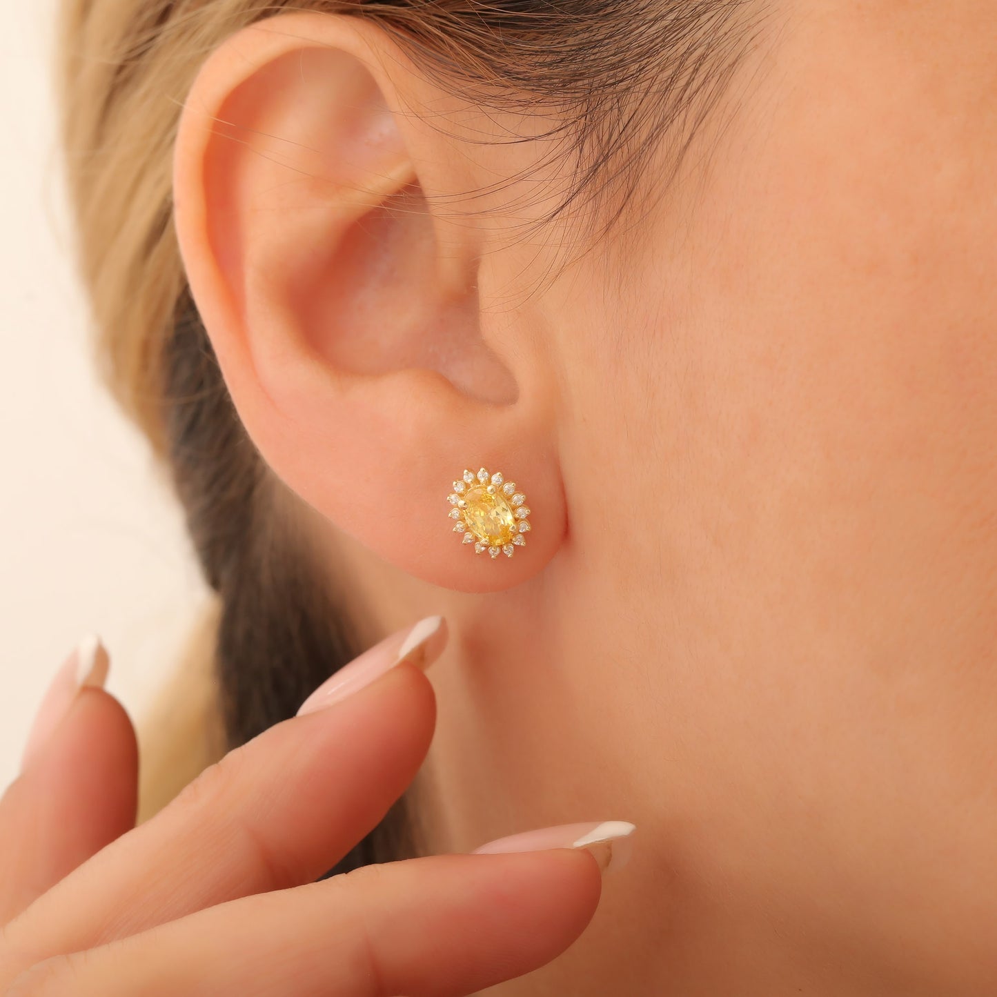Oval Cut Yellow Topaz Stud Earring Surrounded by Real Diamonds, 10K/14K Solid Gold