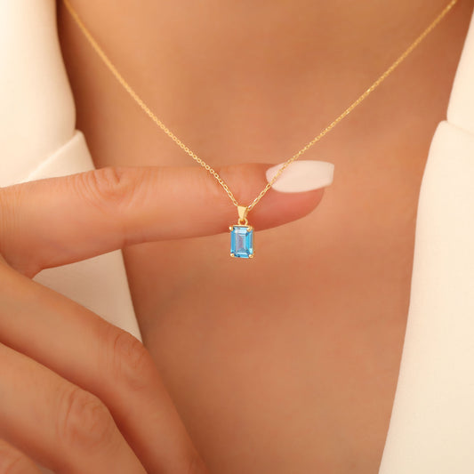 Rectangle Blue Topaz Necklace in 14K Solid Gold, December Birthstone Pendant Queen Jewelry Necklace