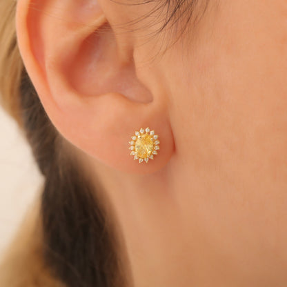 Oval Cut Yellow Topaz Stud Earring Surrounded by Real Diamonds, 10K/14K Solid Gold