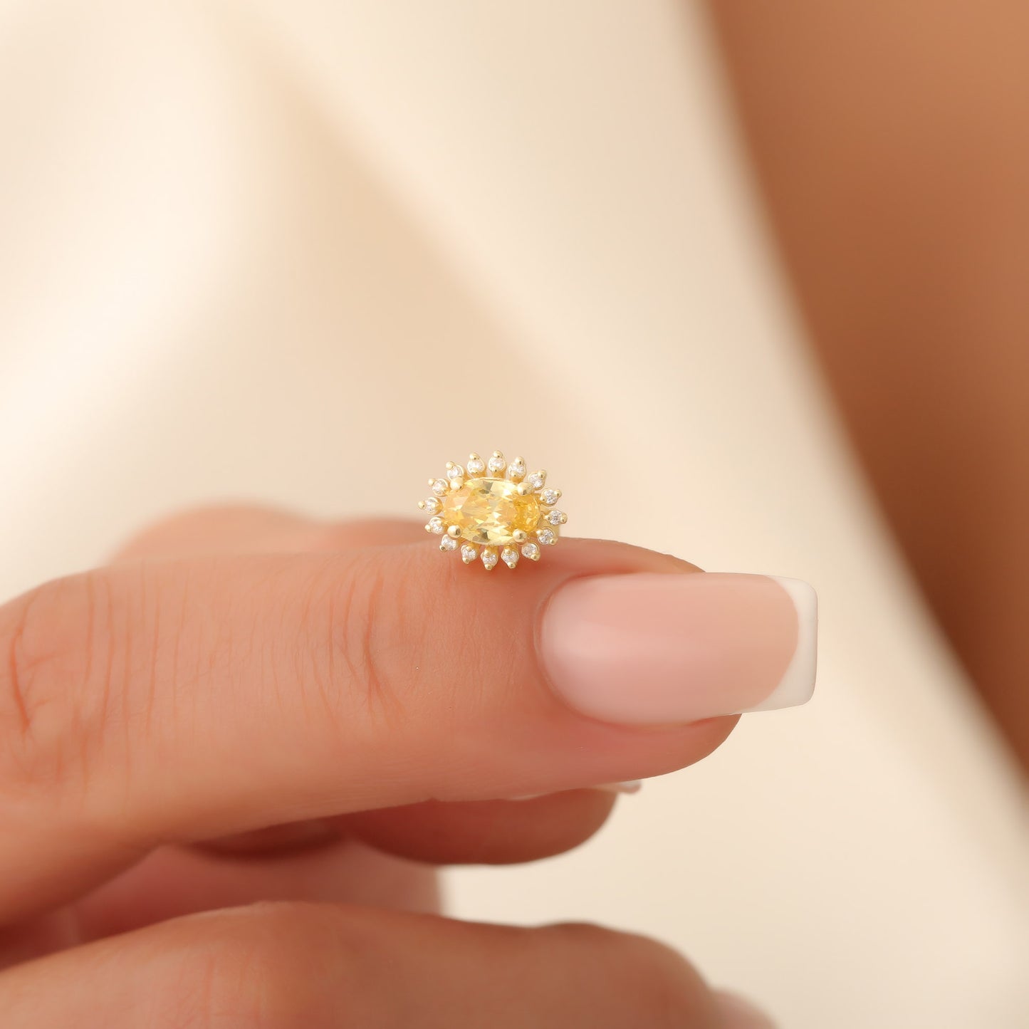 Oval Cut Yellow Topaz Stud Earring Surrounded by Real Diamonds, 10K/14K Solid Gold