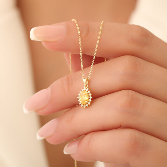 Oval Cut Yellow Topaz Necklace with Real Diamonds, 10K/14K Solid Gold Pendant