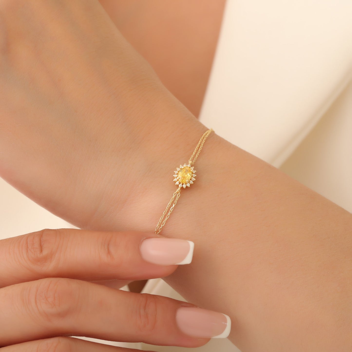Yellow Topaz Oval Bracelet 8K/10K/14K Solid Gold Surrounded by Real Diamonds