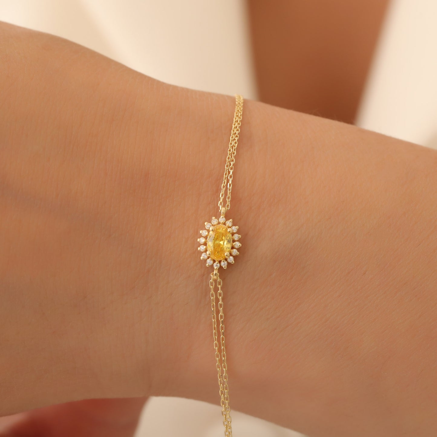Yellow Topaz Oval Bracelet 8K/10K/14K Solid Gold Surrounded by Real Diamonds