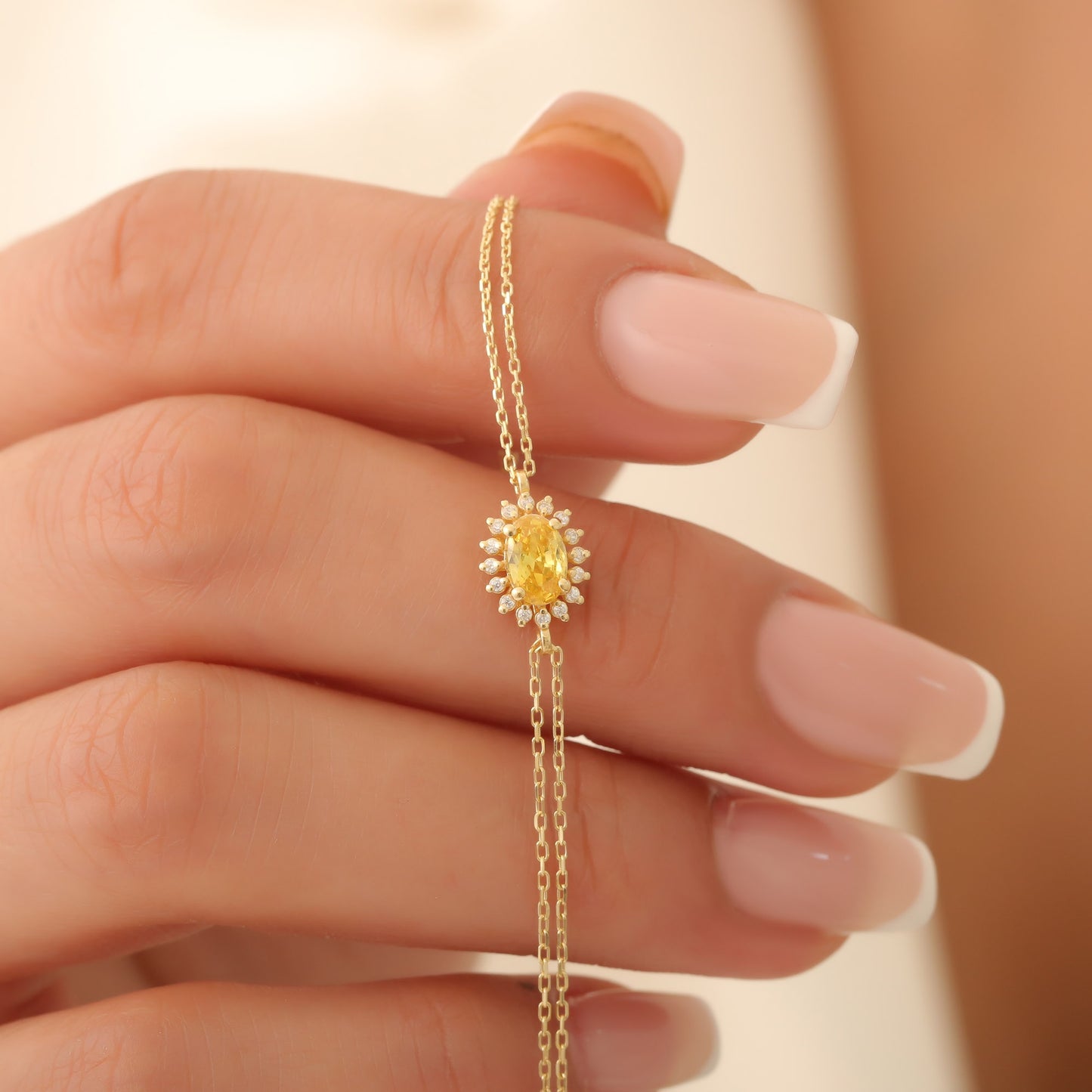 Yellow Topaz Oval Bracelet 8K/10K/14K Solid Gold Surrounded by Real Diamonds