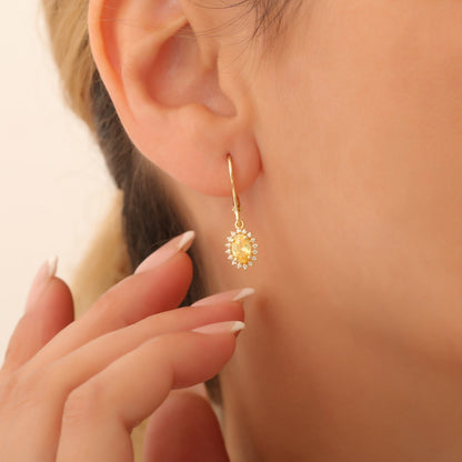 Oval Cut Yellow Topaz Dangling Earring Surrounded by Real Diamonds, 8K/10K/14K Solid Gold