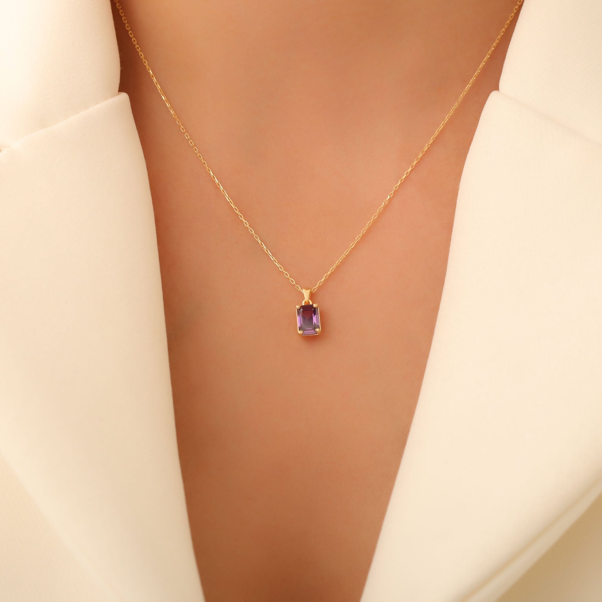 Rectangle Amethyst Necklace in 14K Solid Gold, February Birthstone Pendant Queen Jewelry Necklace