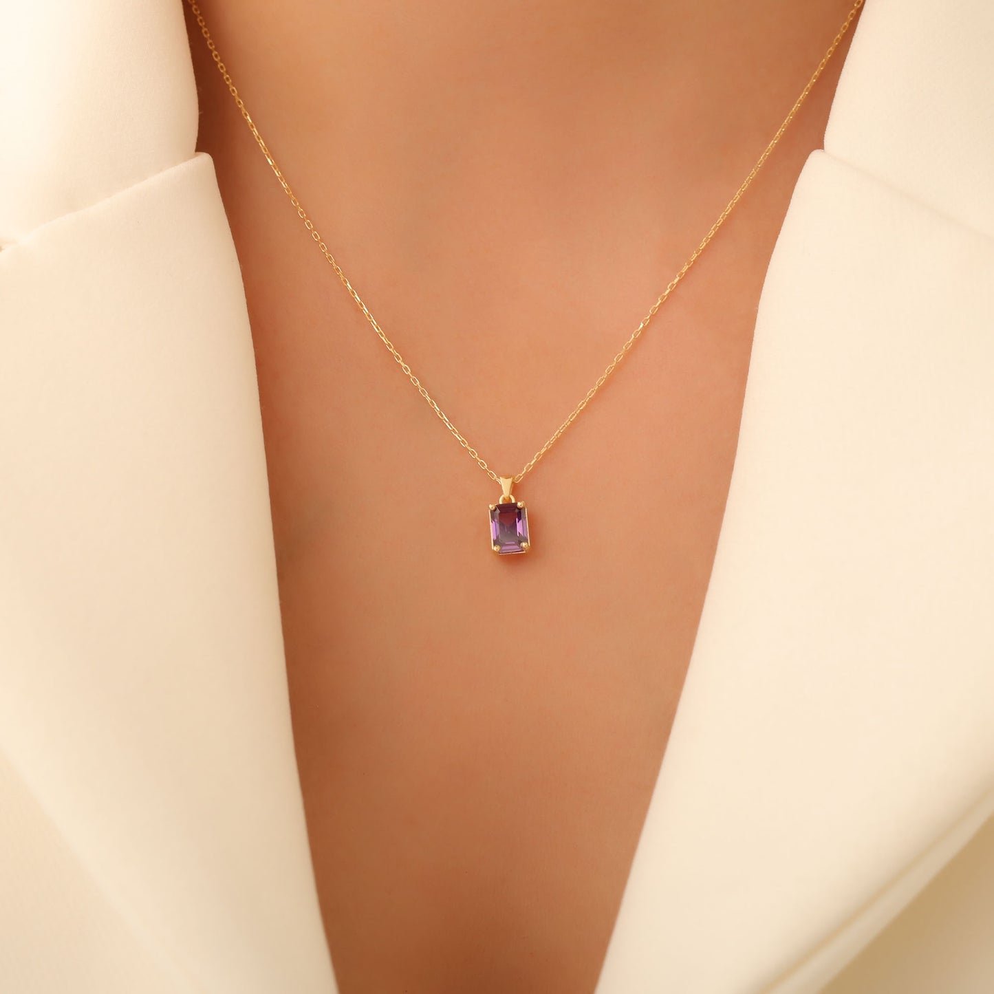Rectangle Amethyst Necklace in 14K Solid Gold, February Birthstone Pendant Queen Jewelry Necklace
