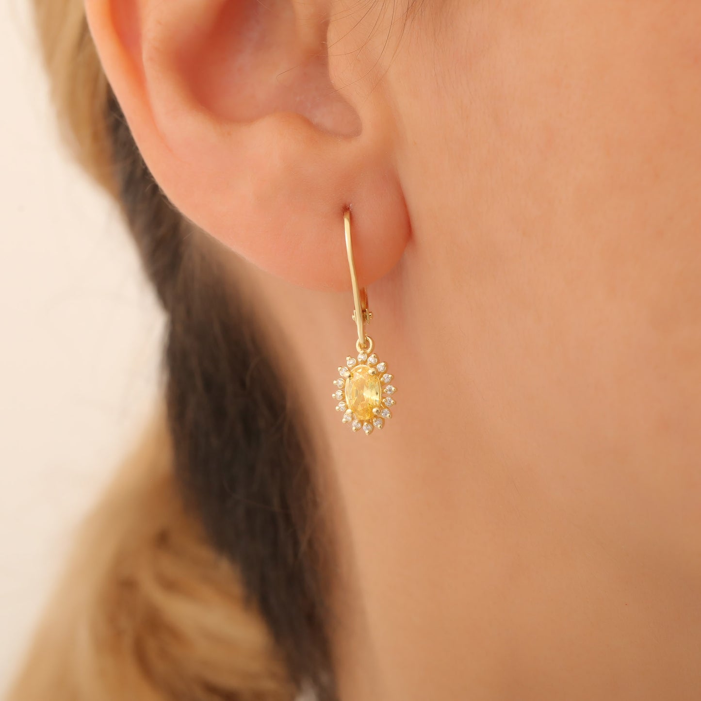 Oval Cut Yellow Topaz Dangling Earring Surrounded by Real Diamonds, 8K/10K/14K Solid Gold