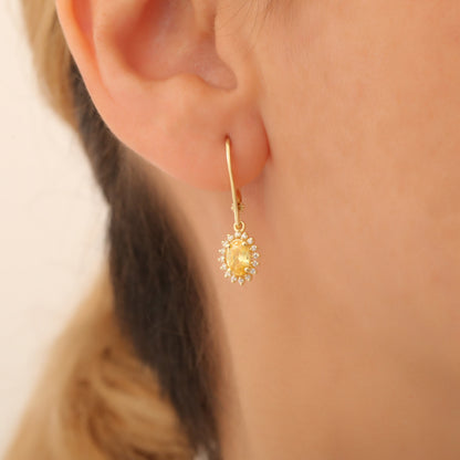 Oval Cut Yellow Topaz Dangling Earring Surrounded by Real Diamonds, 8K/10K/14K Solid Gold
