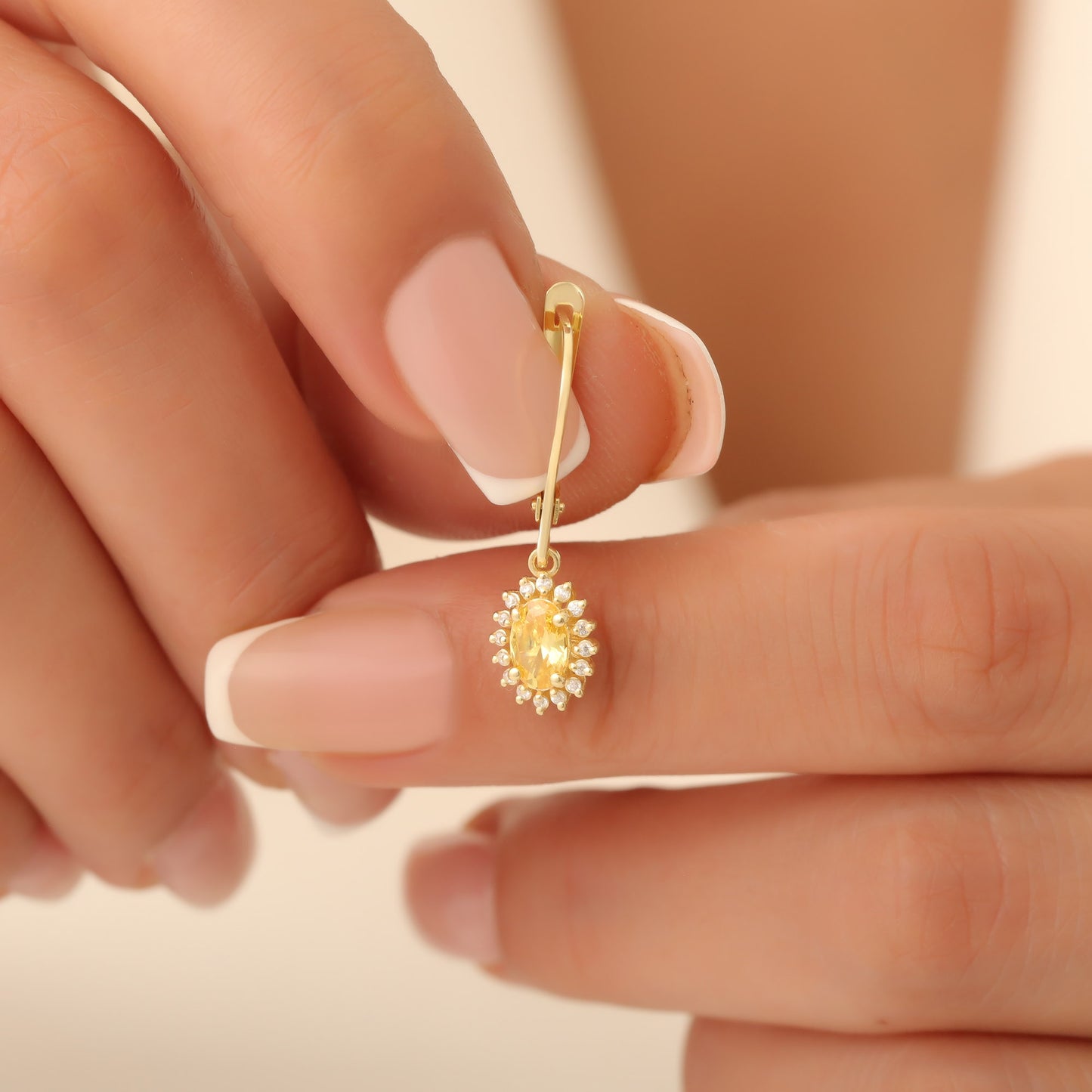 Oval Cut Yellow Topaz Dangling Earring Surrounded by Real Diamonds, 8K/10K/14K Solid Gold