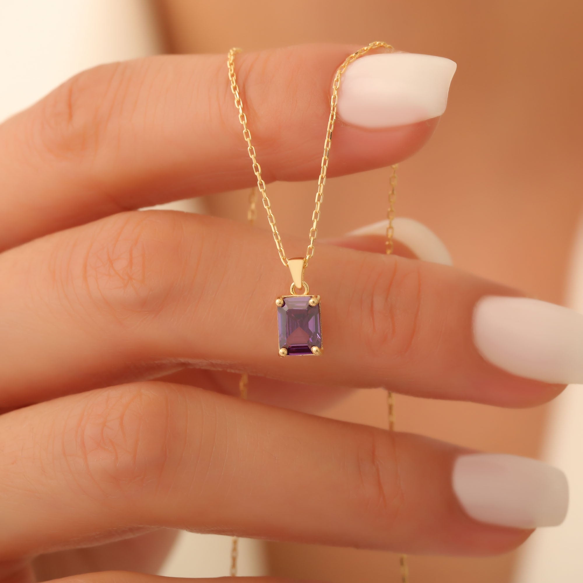 Rectangle Amethyst Necklace in 14K Solid Gold, February Birthstone Pendant Queen Jewelry Necklace