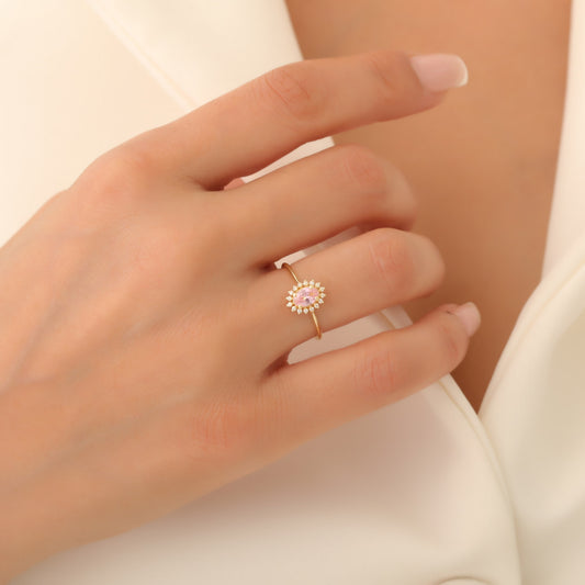 Pink Tourmaline Oval Ring 8K/10K/14K Solid Gold Surrounded by Real Diamonds, October Birthstone Gift