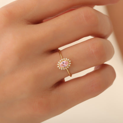 Pink Tourmaline Oval Ring 8K/10K/14K Solid Gold Surrounded by Real Diamonds, October Birthstone Gift