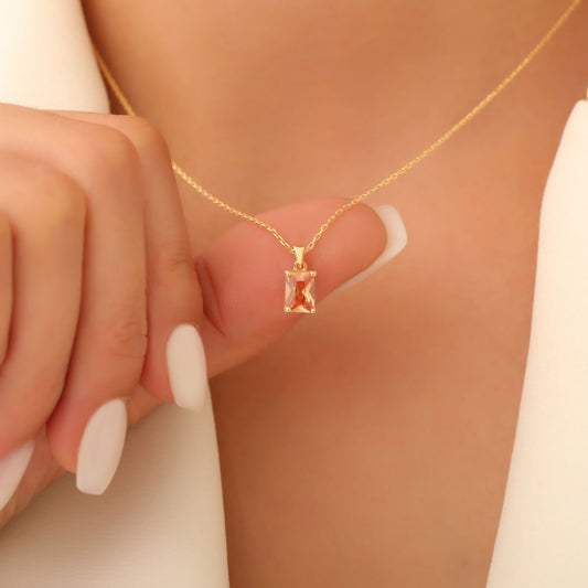 Rectangle Citrine Necklace in 14K Solid Gold, November Birthstone Pendant Queen Jewelry Necklace