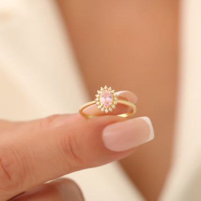 Pink Tourmaline Oval Ring 8K/10K/14K Solid Gold Surrounded by Real Diamonds, October Birthstone Gift