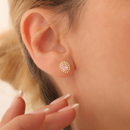 Oval Cut Pink Tourmaline Stud Earring Surrounded by Real Diamonds, 10K/14K Solid Gold, October Birthstone
