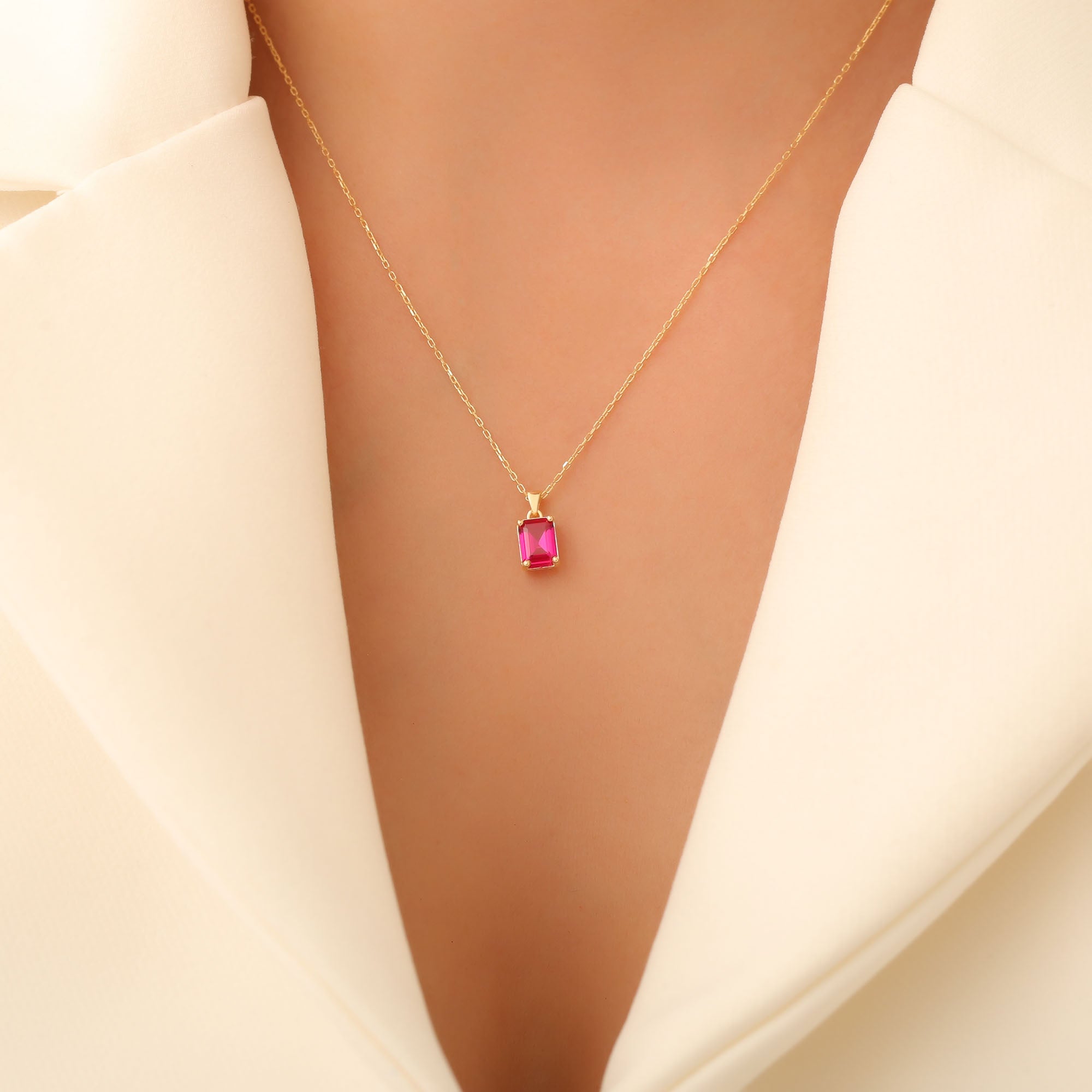 Rectangle Ruby Necklace in 14K Solid Gold, July Birthstone Pendant Queen Jewelry Necklace