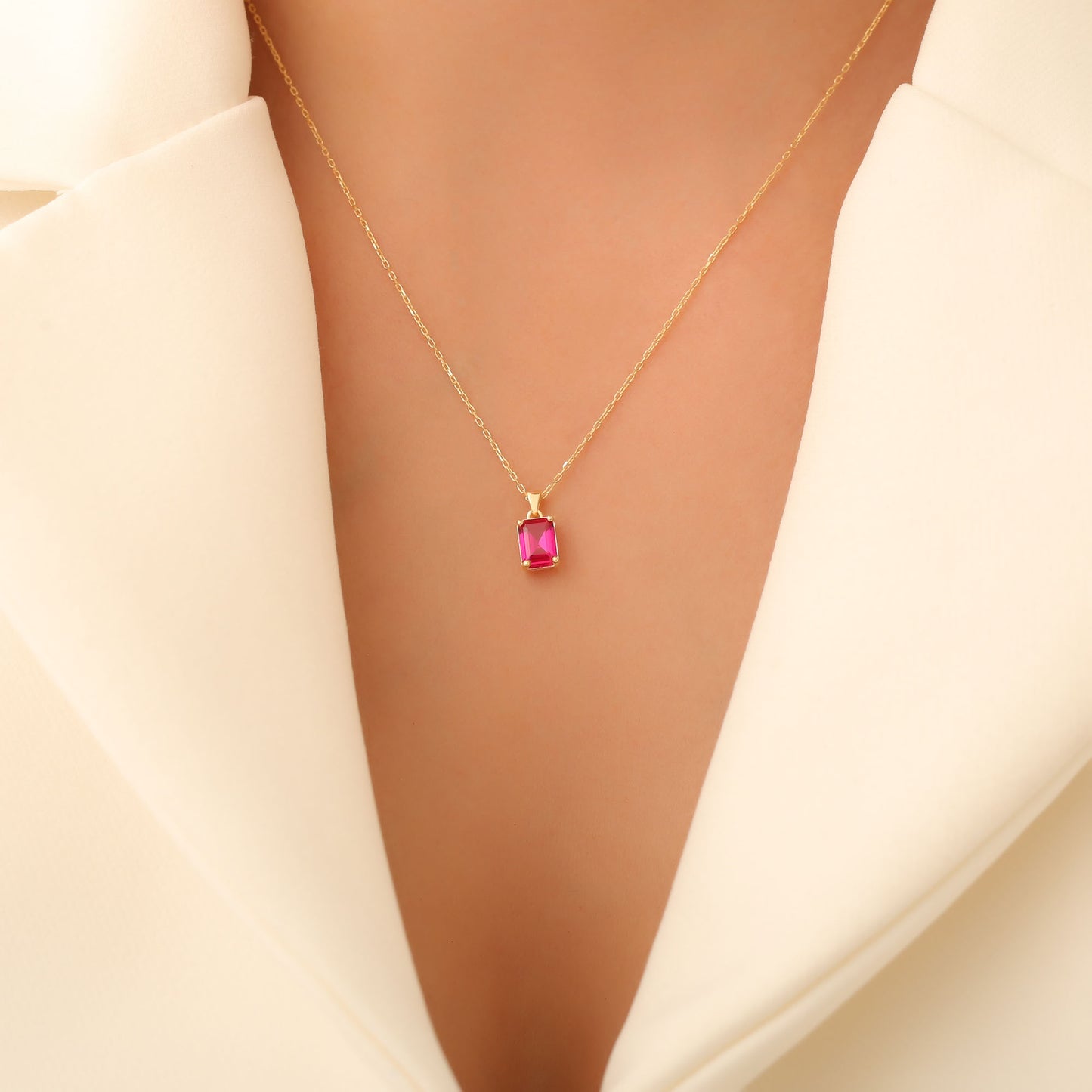 Rectangle Ruby Necklace in 14K Solid Gold, July Birthstone Pendant Queen Jewelry Necklace