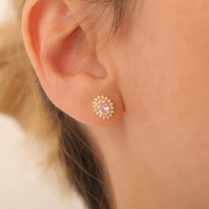 Oval Cut Pink Tourmaline Stud Earring Surrounded by Real Diamonds, 10K/14K Solid Gold, October Birthstone