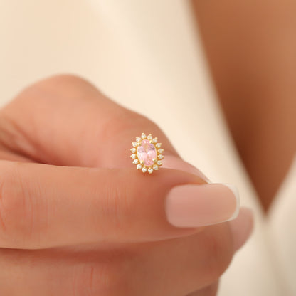 Oval Cut Pink Tourmaline Stud Earring Surrounded by Real Diamonds, 10K/14K Solid Gold, October Birthstone