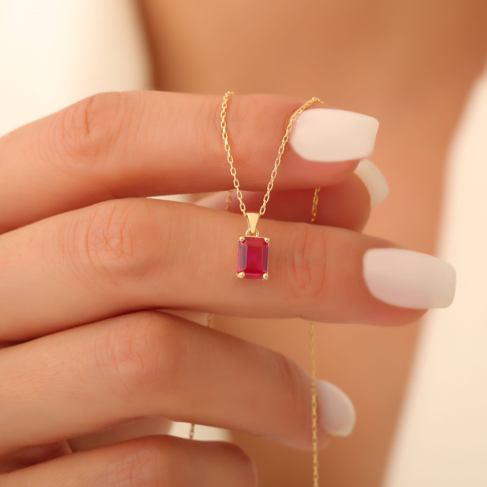 Rectangle Ruby Necklace in 14K Solid Gold, July Birthstone Pendant Queen Jewelry Necklace