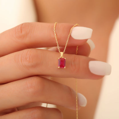 Rectangle Ruby Necklace in 14K Solid Gold, July Birthstone Pendant Queen Jewelry Necklace